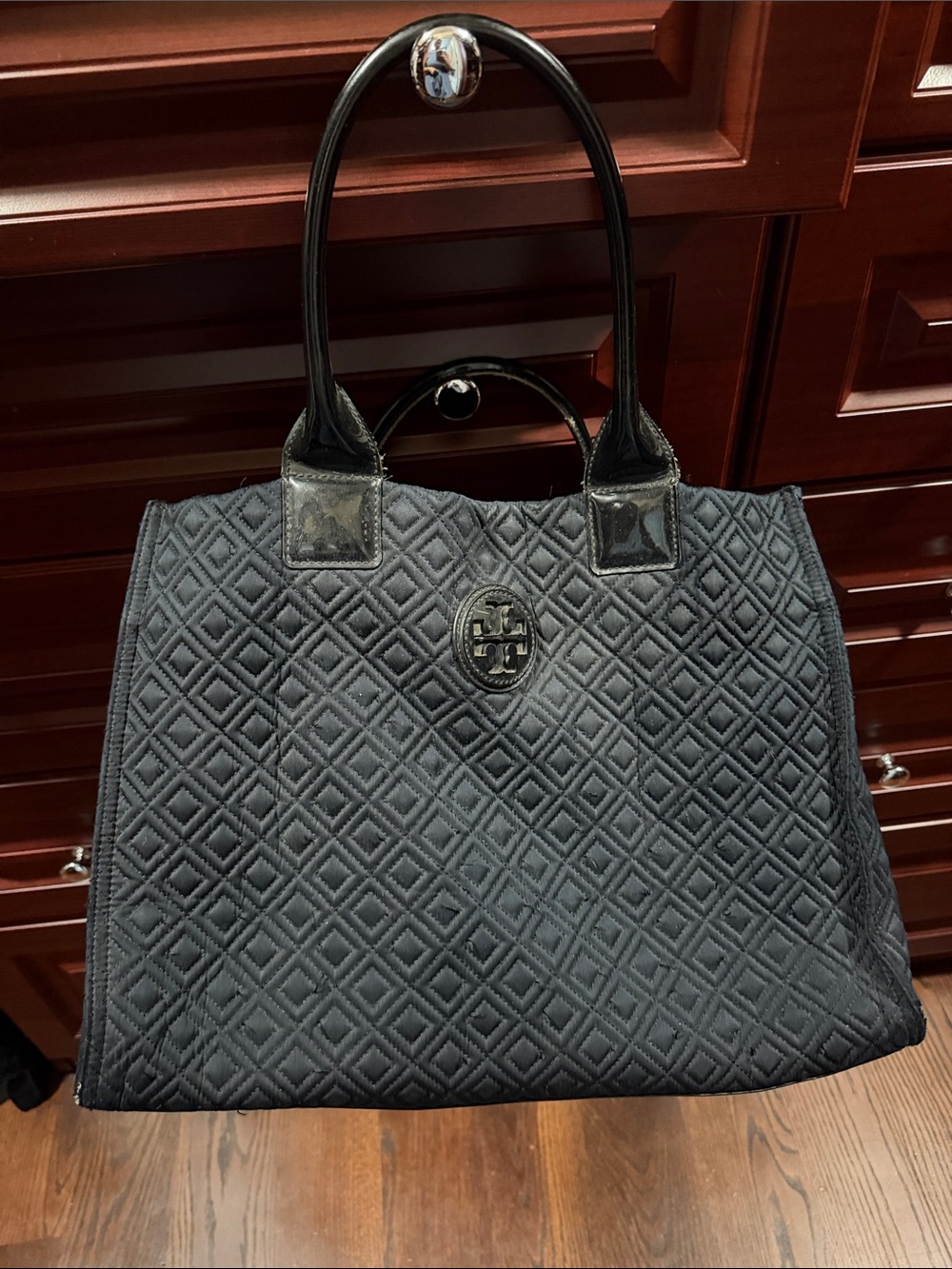 Tory Burch Black Quilted Tote with Patent Trim